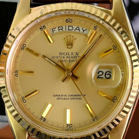 Rolex Day-date 1803 Factory Champagne Dial 18k Yellow Gold Men"s Leather Band - Picture 2 of 9
